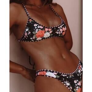Black Floral Bikini Set with Coral Accents - Women's Swim